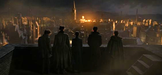 An image of the six characters from the Six of Crows watching sillohuetted on a balcony as they watch an explosion in the distant city