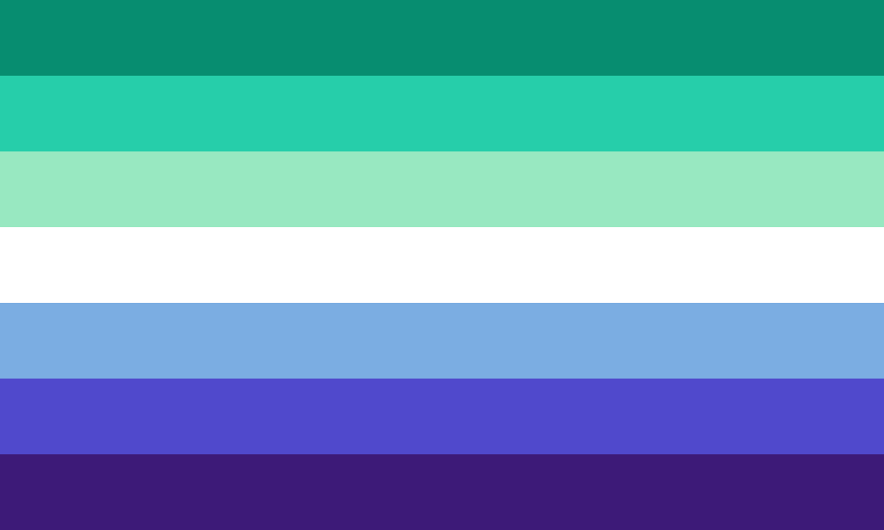 The flag of gay men, made of blue, cyan, green, turquoise, and white