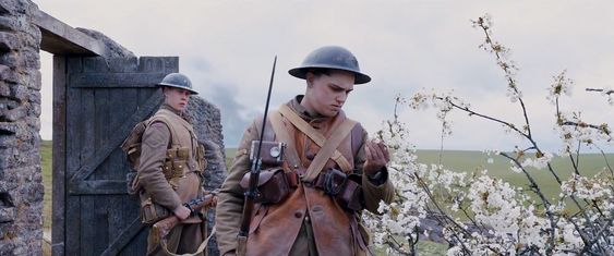 An screenshot of the movie 1917, as two WW2 soldiers stand in a field while one approaches a cherry blossom tree