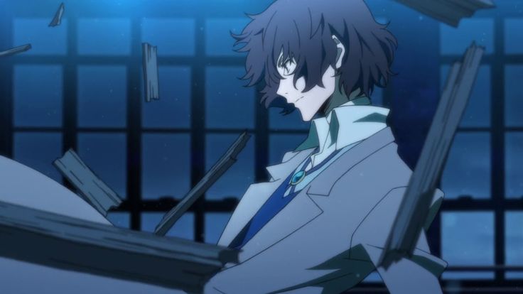 An screenshot of the show Bungo Stray Dogs, as Dazai Osamu stands still in the night as things fly by