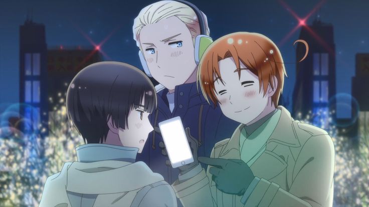 An screenshot of the show Hetalia, as three anime boys stand in a chilly night