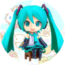 An image of Nendoroid Hatsune Miku sitting in front of a childish background